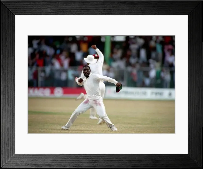 Framed Print : Cricket. West Indies v. England. May 1990 90-2766-102. Viv Richards celebrates a wicket Framed Print : Cricket. West Indies v. England. May 1990 90-2766-102. Viv Richards celebrates a wicket