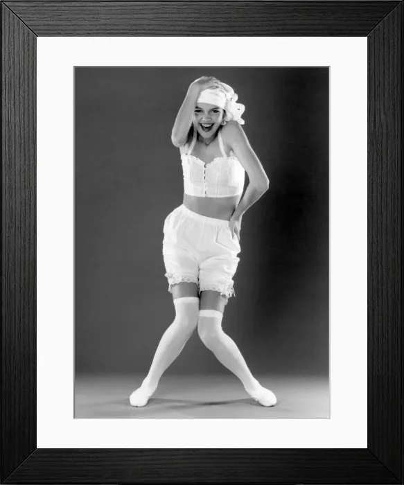 Framed Print : Fashion Underwear. Bustier, long stockings, bloomers. July 1987 P018232