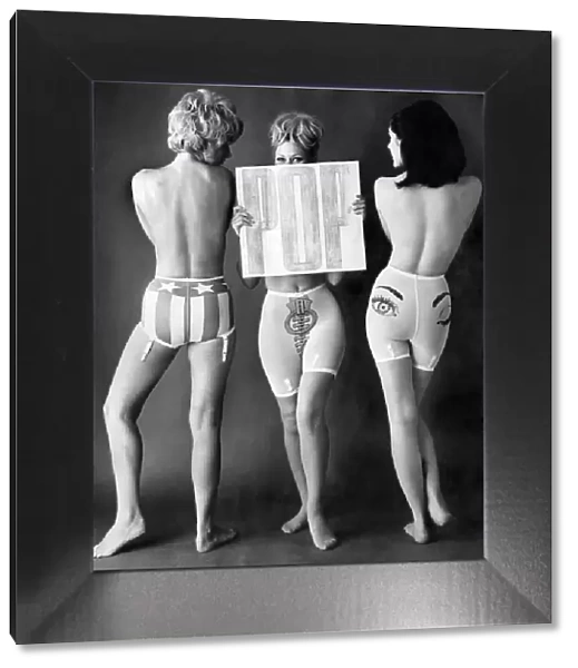 Three topless models wearing support pants. July 1965 P018253