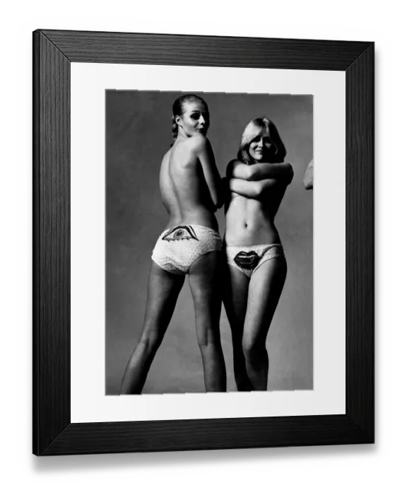 Framed Print : Topless models in knickers. Pants with lips and eyes and mouth designs Framed Print : Topless models in knickers. Pants with lips and eyes and mouth designs