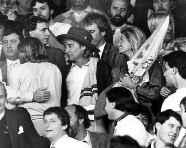 Singer Rod Stewart and girlfriend Kelly Emberg pictured at Ninian Park before the Wales v