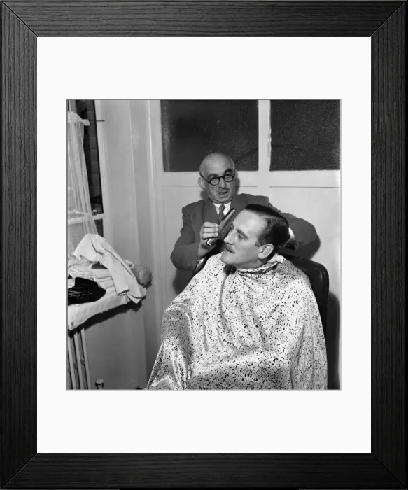 Framed Print : Rex North has haircut by Charles Topper gentleman Barbar. June 1952 C2951 Framed Print : Rex North has haircut by Charles Topper gentleman Barbar. June 1952 C2951