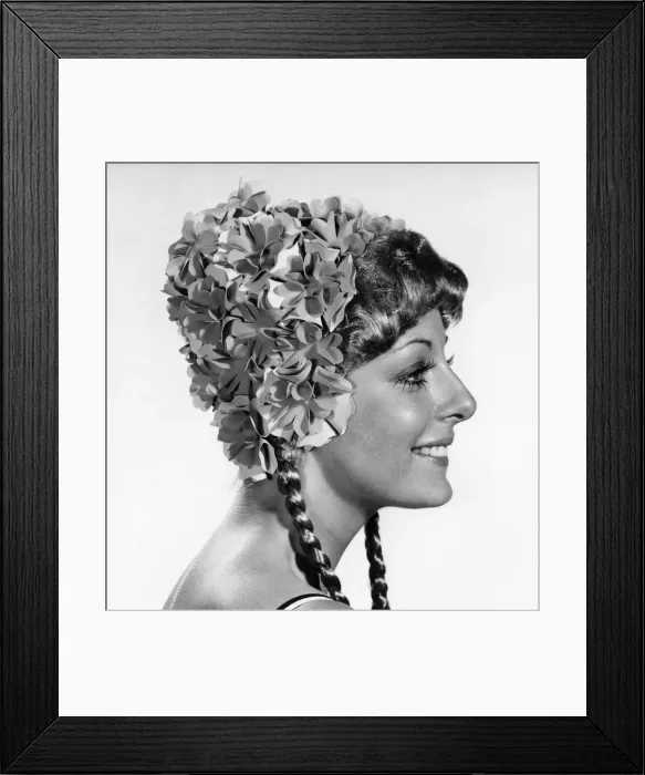 Framed Print : Model wearing a flowery swimcap. October 1970 P017300 Framed Print : Model wearing a flowery swimcap. October 1970 P017300