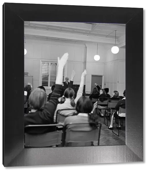 Headmaster Mr. Charles Addey, at evening assembly. November 1969 Z11592-005