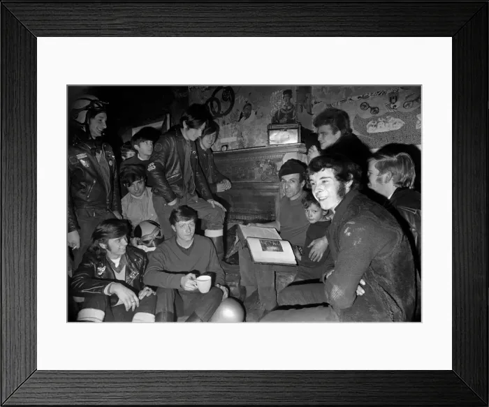 Framed Print : Mr. Ted Wood of Birch, near Manchester reads the Bible to Hell Angels Club during a Framed Print : Mr. Ted Wood of Birch, near Manchester reads the Bible to Hell Angels Club during a