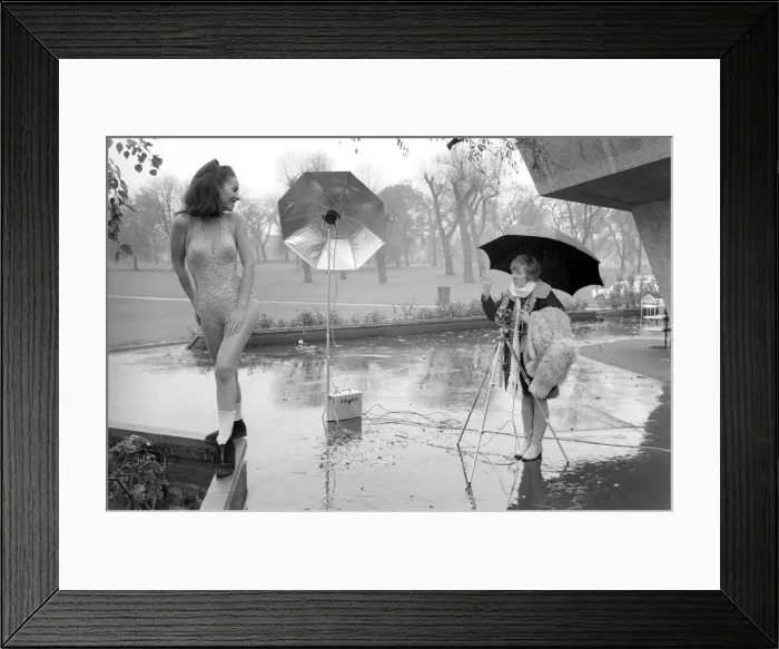 Framed Print : Swimming costume. Model Marion Proffitt wearing a Turquoise Lycra one-piece swimsuit cut Framed Print : Swimming costume. Model Marion Proffitt wearing a Turquoise Lycra one-piece swimsuit cut