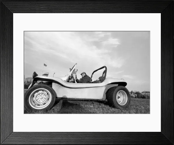 Framed Print : Transport. Motor cars. The new GP Bugle Buggy, an open roadster with a tough fibreglass Framed Print : Transport. Motor cars. The new GP Bugle Buggy, an open roadster with a tough fibreglass