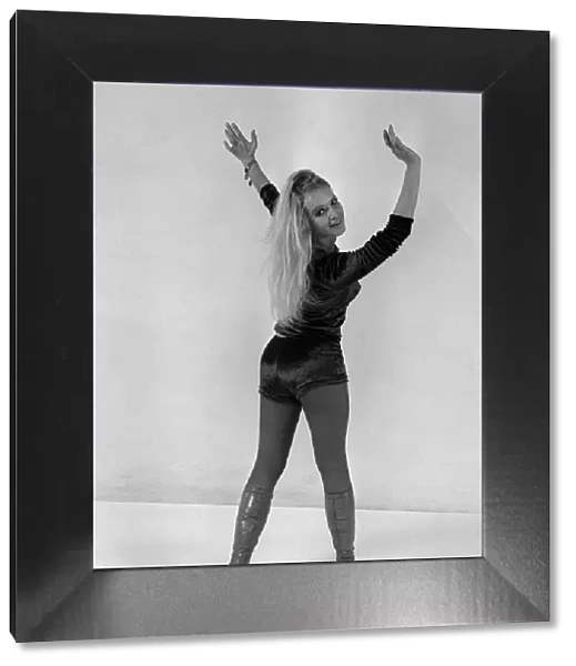 Babs from Pans People models Fenwicks Stretch Panne velvet shorts and T-Shirt (£4