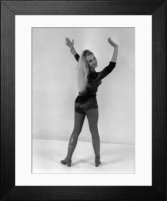Framed Print : Babs from Pans People models Fenwicks Stretch Panne velvet shorts and T-Shirt (£4