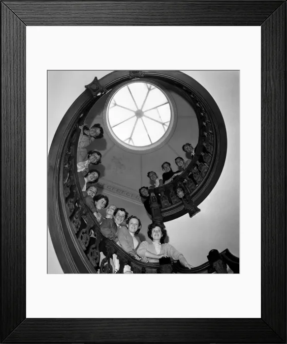 Framed Print : Girls at Kilroy castle line up on the spiral staircase. June 1952 C3148 Framed Print : Girls at Kilroy castle line up on the spiral staircase. June 1952 C3148