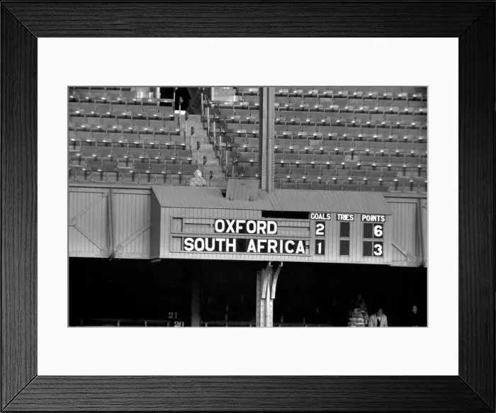 Framed Print : Rugby Union. Oxford v. South Africa. The scoreboard showing the score Framed Print : Rugby Union. Oxford v. South Africa. The scoreboard showing the score