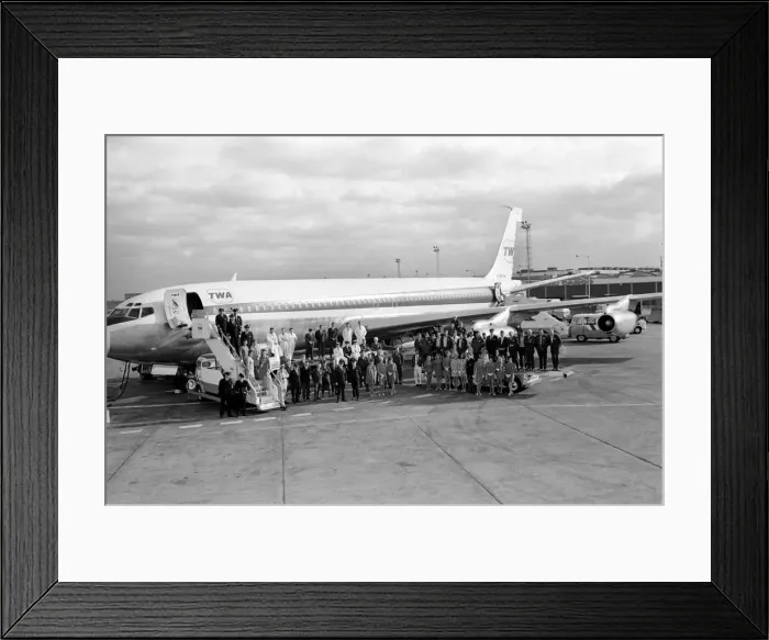 Framed Print : Transport. Aviation. Planes Boeing 707 personnel photographed alongside the extra staff Framed Print : Transport. Aviation. Planes Boeing 707 personnel photographed alongside the extra staff