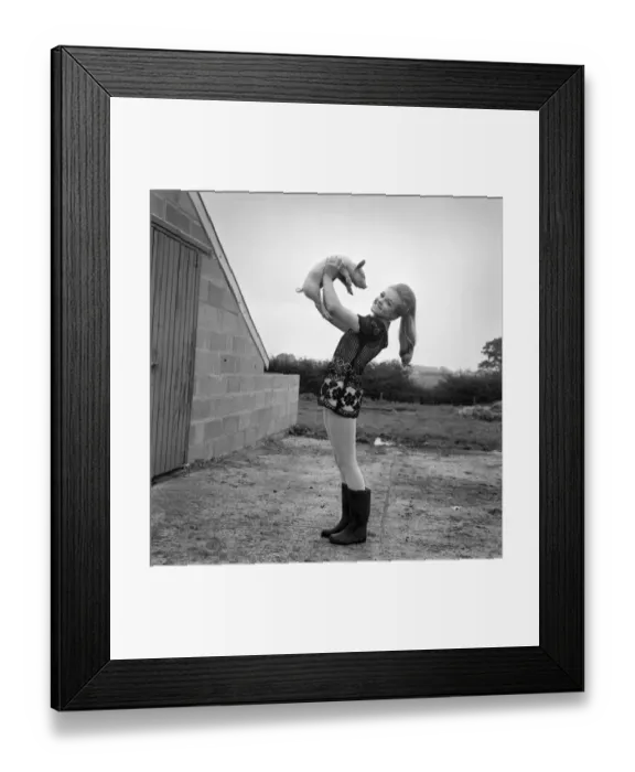 Framed Print : Woman with pig at her relatives farm. October 1969 Z10481-008 Framed Print : Woman with pig at her relatives farm. October 1969 Z10481-008