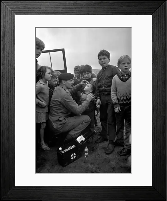 Framed Print : Army band play for children of reopening of Island street. Playground - Belfast