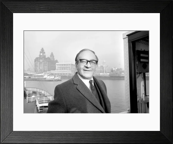 Framed Print : Fred Mulley, Minister of Transport, steered the ferry across the Mersey from Liverpool to Framed Print : Fred Mulley, Minister of Transport, steered the ferry across the Mersey from Liverpool to