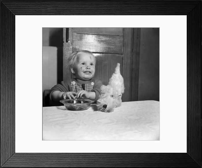 Framed Print : Baby getting a messy face while eating a bowl of jam with pet dog Framed Print : Baby getting a messy face while eating a bowl of jam with pet dog