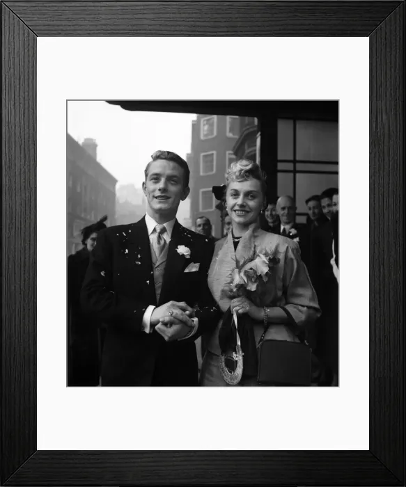Framed Print : George Baron with his bride after their wedding today at Caxton Hall. November 1952 C5796 Framed Print : George Baron with his bride after their wedding today at Caxton Hall. November 1952 C5796