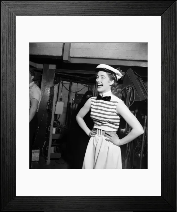Framed Print : Actress Audrey Freeman wearing striped top, bow tie and sailors hat Framed Print : Actress Audrey Freeman wearing striped top, bow tie and sailors hat