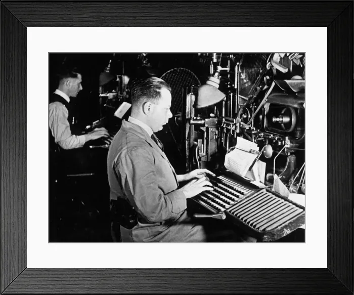 Framed Print : Printers Circa 1950 Type setters at work at Printes Knapp Drewett Framed Print : Printers Circa 1950 Type setters at work at Printes Knapp Drewett