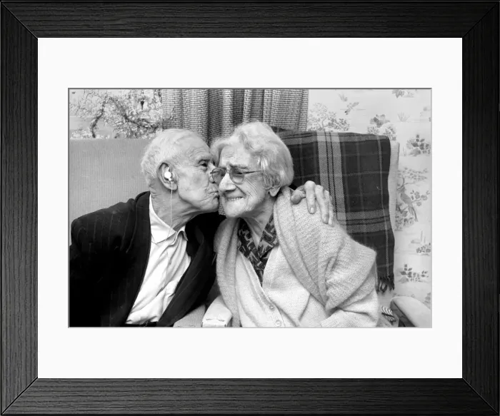 Framed Print : Love and Romance: Elderly Couple. Mr. David Harrington, 99, and his wife, Elizabeth, 100 Framed Print : Love and Romance: Elderly Couple. Mr. David Harrington, 99, and his wife, Elizabeth, 100