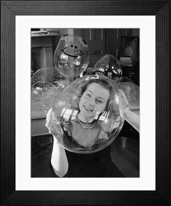 Framed Print : Barbara Hamilton, beauty queen of Egypt in 1945, seen through a bubble which she holds in Framed Print : Barbara Hamilton, beauty queen of Egypt in 1945, seen through a bubble which she holds in