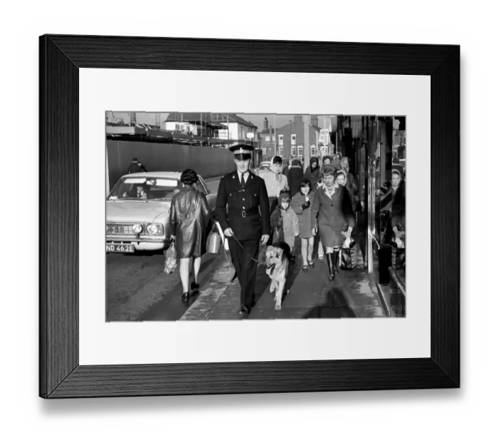 Framed Print : Police man and dog search for a man on the run at Droylsden