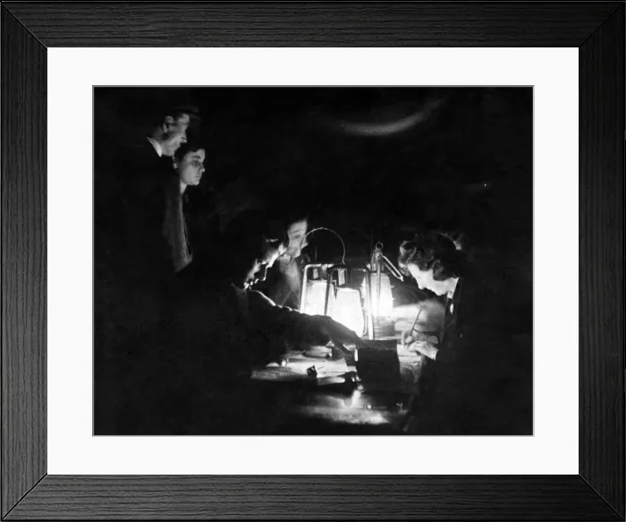 Framed Print : A W. V. S. incident enquiry. Working by the light of Hurricane lamps tense people still Framed Print : A W. V. S. incident enquiry. Working by the light of Hurricane lamps tense people still