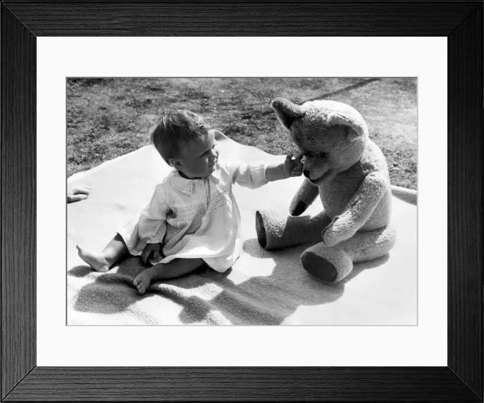Framed Print : Young toddler playingwith teddy bear in the back garden of his home in Erith, Kent Framed Print : Young toddler playingwith teddy bear in the back garden of his home in Erith, Kent