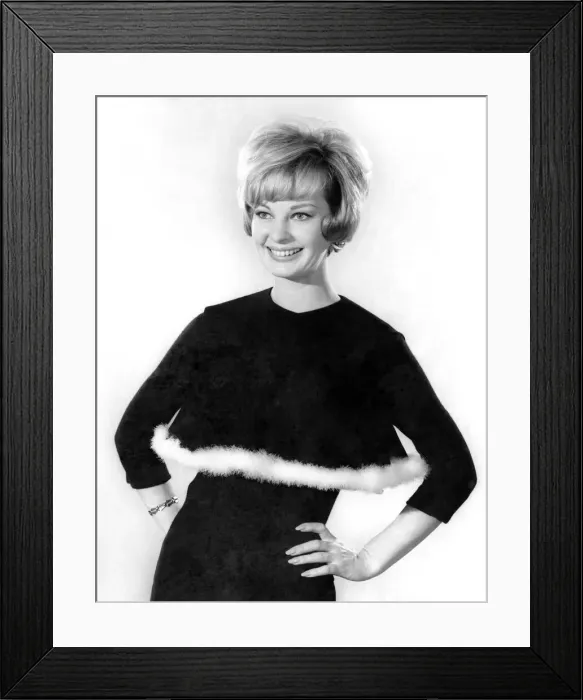 Framed Print : Model Dawn Chapman wearing a black long sleeved top with white fur trim Framed Print : Model Dawn Chapman wearing a black long sleeved top with white fur trim