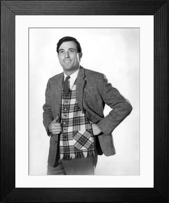 Framed Print : Model Peter Anthony wearing suit jacket over a tartan waistcoat Framed Print : Model Peter Anthony wearing suit jacket over a tartan waistcoat