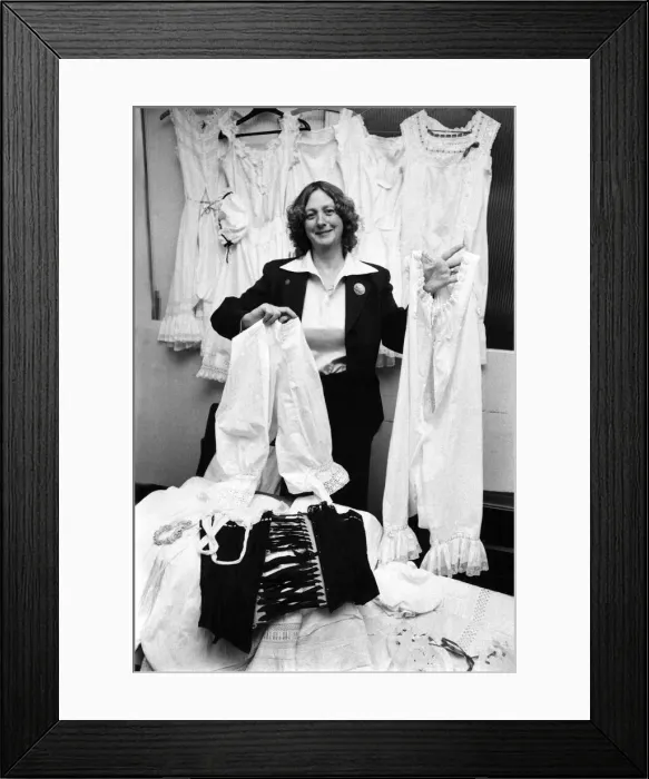 Framed Print : Jo Jellis with some of the delicate cotton and lace underwear that is now very much in