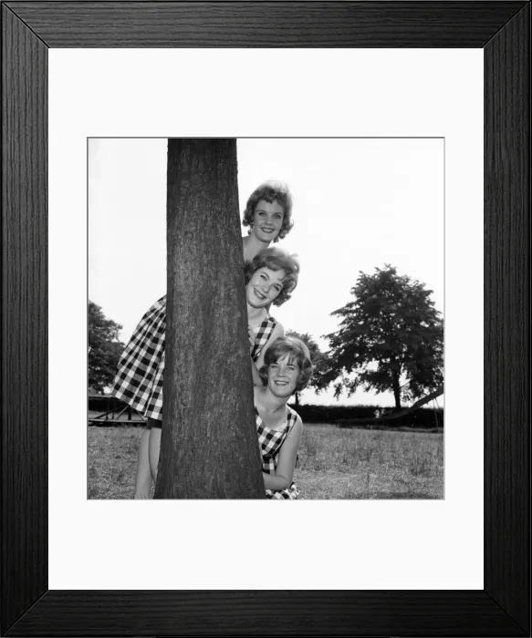 Framed Print : England Sisters hiding behind a tree: The Sisters from left: Hazel, 18, Julie, 19, Betty Framed Print : England Sisters hiding behind a tree: The Sisters from left: Hazel, 18, Julie, 19, Betty
