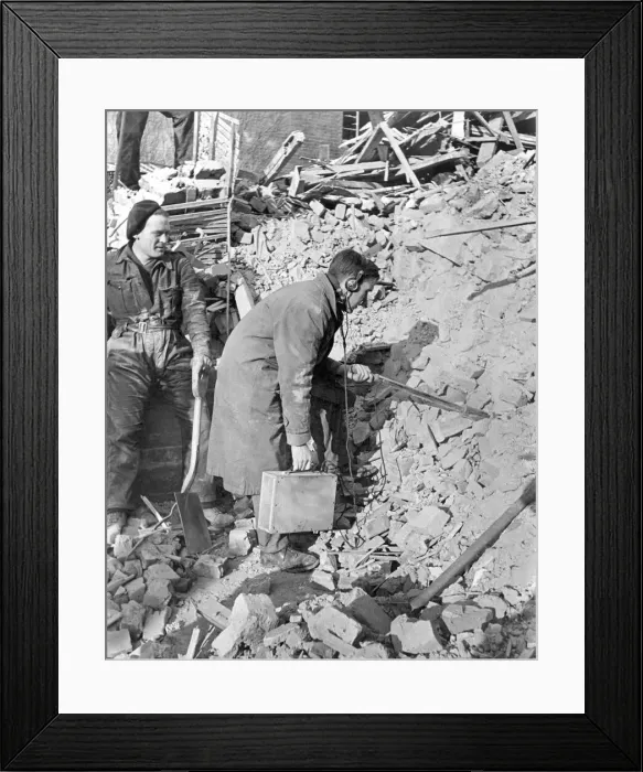 Framed Print : World War II: Hospital. Divining for Radium among the wreckage of what was the Marie