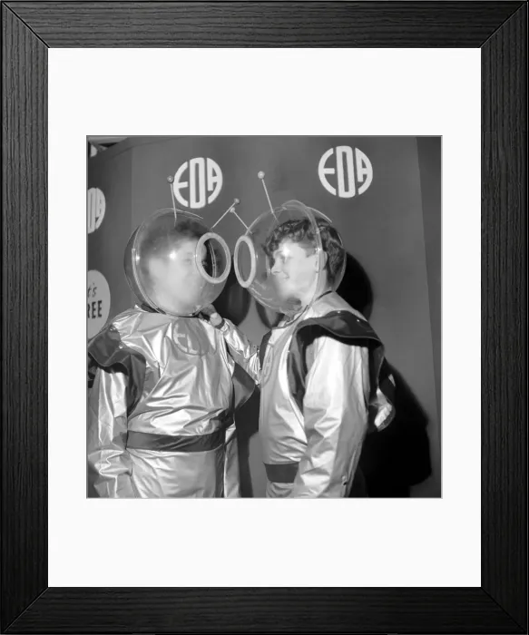 Framed Print : Schoolboys wearing space suits to board the Space Machine at a school exhibition Framed Print : Schoolboys wearing space suits to board the Space Machine at a school exhibition