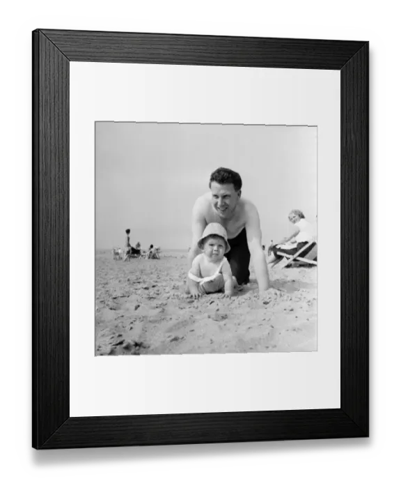 Framed Print : Nine month old Paul Kemshell crawling on the sands at Rhyl with his daddy Mr Framed Print : Nine month old Paul Kemshell crawling on the sands at Rhyl with his daddy Mr