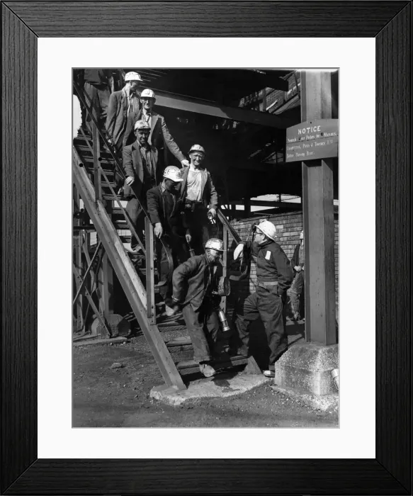 Framed Print : Frank Tilsley, after descending Lyme Colliery, talks to miners coming off the morning Framed Print : Frank Tilsley, after descending Lyme Colliery, talks to miners coming off the morning