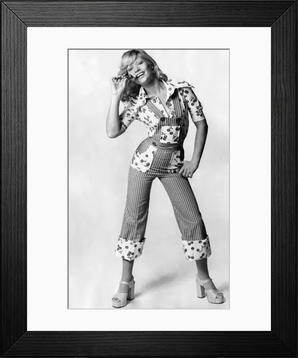Framed Print : Butcher - blue striped dungarees with cherry print patch pockets