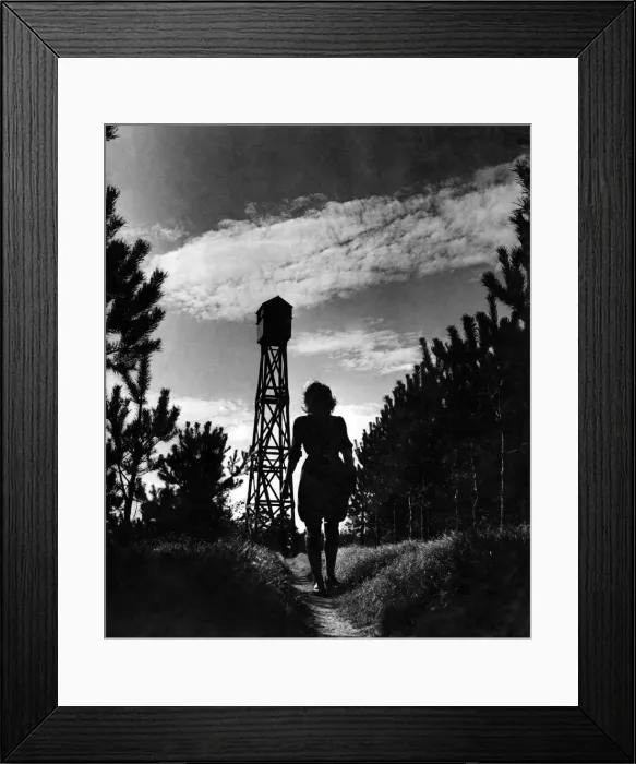 Framed Print : Mrs. Joyce Vaux leaves her fire tower after her spell of duty. It has just turned 9 pm Framed Print : Mrs. Joyce Vaux leaves her fire tower after her spell of duty. It has just turned 9 pm