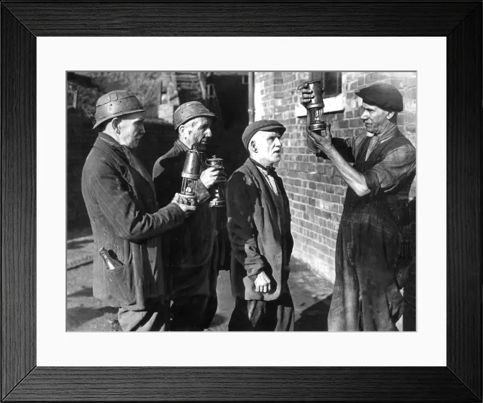 Framed Print : Three of the 55 miners who retired from the Betty and Ann pits have their lamps checked Framed Print : Three of the 55 miners who retired from the Betty and Ann pits have their lamps checked