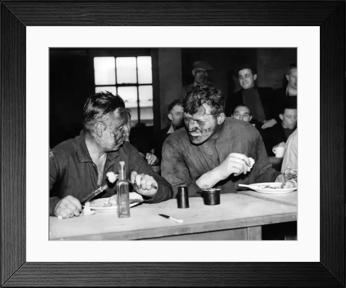 Framed Print : Coal miner Joe Baksi (right) has a canteen lunch after a trip down the pit with Laurence