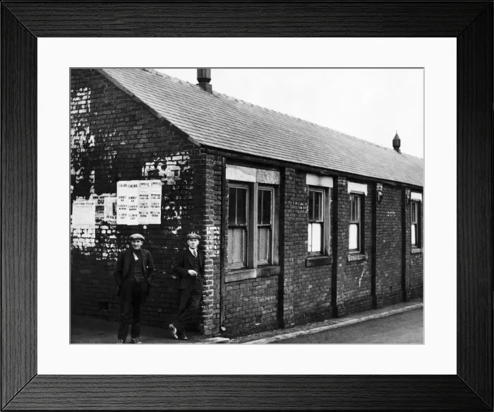 Framed Print : Two miners waiting outside the new social service centre at Burnhope colliery Framed Print : Two miners waiting outside the new social service centre at Burnhope colliery