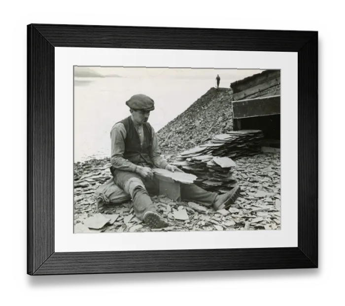 Framed Print : Slate production 1930s Seil Island near Oban workman splitting slates with special Framed Print : Slate production 1930s Seil Island near Oban workman splitting slates with special
