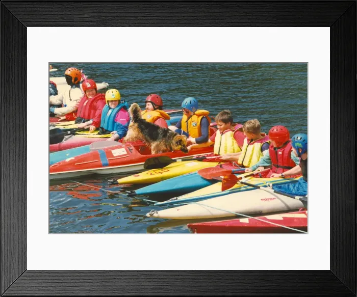 Framed Print : Canoeist line up during lessons so this dog can go for a little walk on the water Framed Print : Canoeist line up during lessons so this dog can go for a little walk on the water