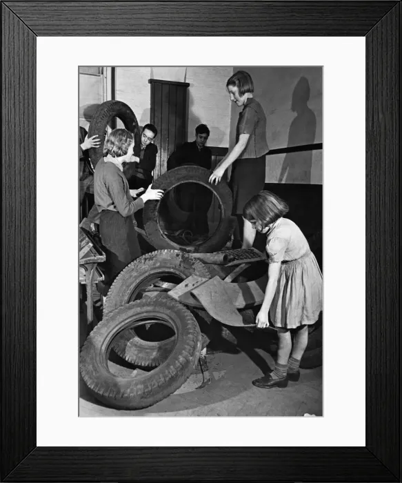 Framed Print : Children of Abbey Lane School Stratford, check a collection of old rubber mainly salvaged Framed Print : Children of Abbey Lane School Stratford, check a collection of old rubber mainly salvaged