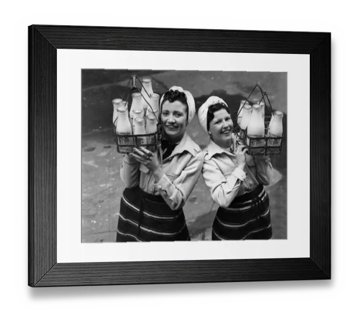 Framed Print : 20 years old Benci James and 22 year old Ellen Long two milk rounds women who have taken
