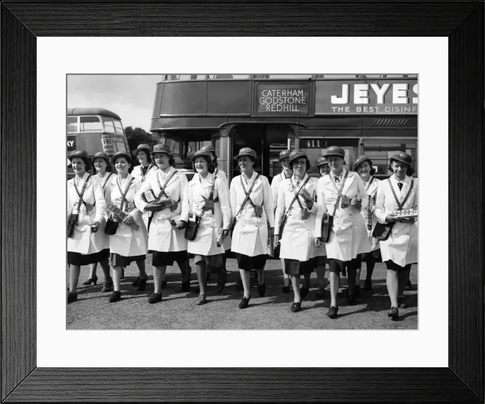 Framed Print : Women conductresses ready for work. a fine lot of girls off for the start of their new Framed Print : Women conductresses ready for work. a fine lot of girls off for the start of their new