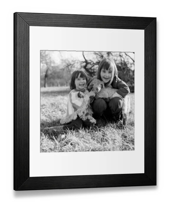 Framed Print : Young girls with spring lambs in Kent. January 1975 75-00492-002