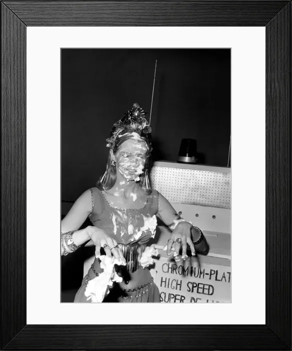 Framed Print : Sara Wade covered in cream after custard pies had been thrown at her