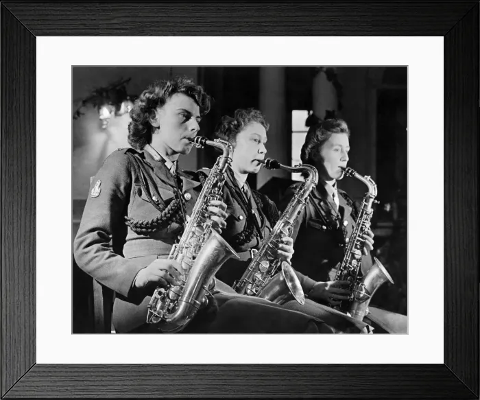 Framed Print : World War II Women. Three times the Sax. Three Sax players from the ATS dance band seen Framed Print : World War II Women. Three times the Sax. Three Sax players from the ATS dance band seen
