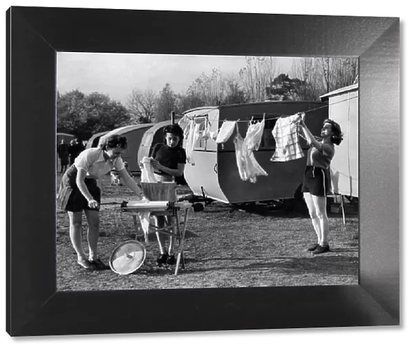 World War II Women: Members of the ATS seen here washing clothes at the Caravan Campsite
